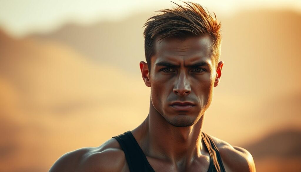 A determined athlete stands tall, their face etched with unwavering focus. Beads of sweat glisten on their brow as they push through the pain, their muscles rippling with each stride. The background is a blur, fading into a serene, misty landscape that reflects the inner calm and mental fortitude of the subject. Warm, golden light bathes the scene, casting a sense of strength and resilience. The athlete's gaze is unwavering, a silent testament to the power of the human spirit to overcome adversity and emerge victorious.