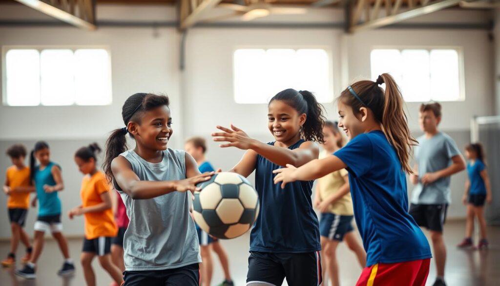 A diverse group of young athletes, both boys and girls, engaging in a team sport activity. In the foreground, two players are working together to pass a ball, their body language and facial expressions conveying a sense of collaboration and teamwork. In the middle ground, other players are seen participating in drills and exercises, guided by a supportive coach who is providing encouragement and feedback. The background depicts a well-lit sports facility, with natural lighting streaming in through large windows, creating a warm and inviting atmosphere. The overall scene conveys a positive, inclusive, and nurturing environment where young athletes are learning to navigate team dynamics and social pressures while building their self-esteem.