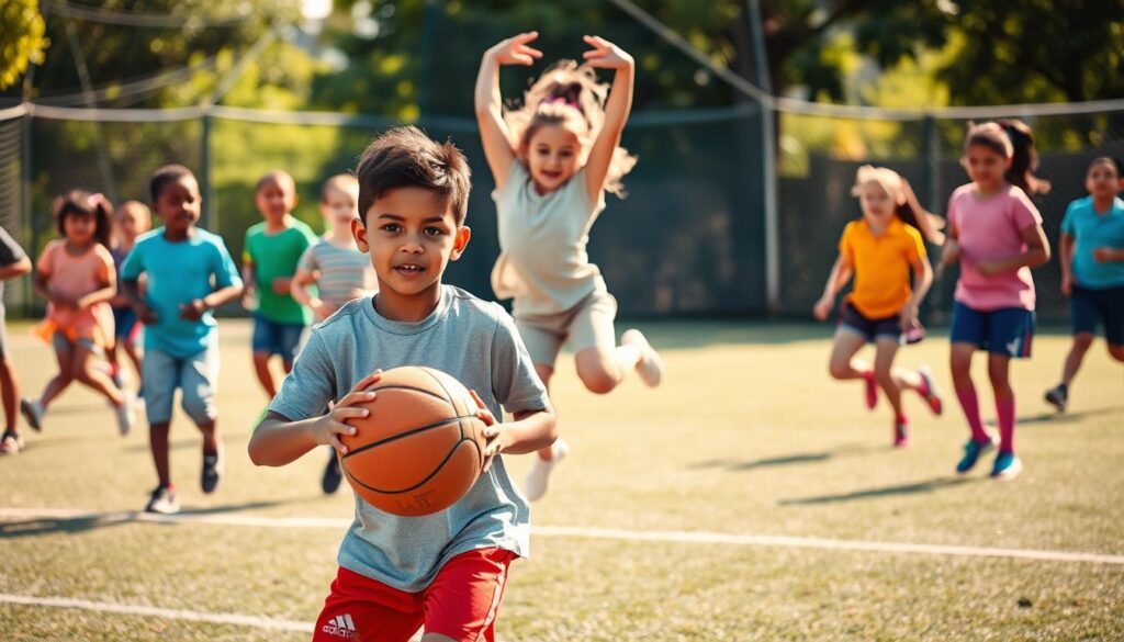 A group of diverse children engaged in various sports activities, exuding enthusiasm and confidence. In the foreground, a young boy confidently dribbling a basketball, his expression focused and determined. In the middle ground, a girl leaping gracefully as she practices her gymnastics routine, her form precise and fluid. In the background, a team of children playing a lively game of soccer, their movements coordinated and energetic. The scene is bathed in warm, natural lighting, conveying a sense of joy and camaraderie. The overall atmosphere is one of encouragement and empowerment, where the children are supported in their athletic pursuits and developing a strong sense of self-belief. A group of diverse children engaged in various sports activities, exuding enthusiasm and confidence. In the foreground, a young boy confidently dribbling a basketball, his expression focused and determined. In the middle ground, a girl leaping gracefully as she practices her gymnastics routine, her form precise and fluid. In the background, a team of children playing a lively game of soccer, their movements coordinated and energetic. The scene is bathed in warm, natural lighting, conveying a sense of joy and camaraderie. The overall atmosphere is one of encouragement and empowerment, where the children are supported in their athletic pursuits and developing a strong sense of self-belief.