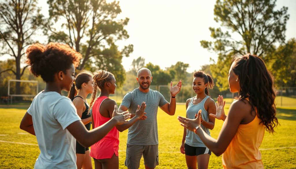 A group of diverse young athletes gathered in a vibrant, sun-lit sports field, engaged in a dynamic visualization exercise. The foreground features the young participants, their faces filled with focus and determination, as they move with fluid movements, their bodies subtly intertwined, visualizing their athletic goals. The middle ground showcases a supportive coach, guiding the session with a calm, encouraging demeanor, using hand gestures to accentuate the visualization process. The background depicts a lush, verdant landscape, with towering trees and a cloudless sky, creating a serene, inspiring atmosphere. The lighting is warm and natural, casting a golden glow that enhances the sense of unity and camaraderie among the participants. The overall scene conveys a powerful message of youth empowerment, mental resilience, and the transformative power of sports visualization.