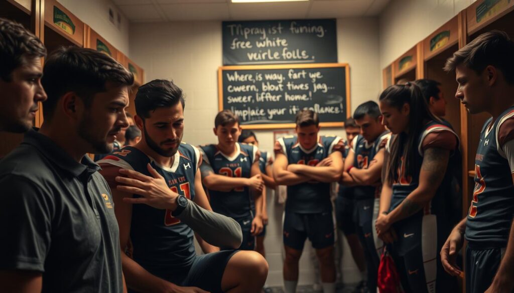 A group of nervous athletes, their faces etched with tension, are gathered in a brightly lit locker room. In the foreground, a coach kneels beside one player, placing a reassuring hand on their shoulder. The middle ground features several teammates huddled together, their body language conveying support and encouragement. In the background, a wall-mounted chalkboard displays motivational phrases, casting a warm glow over the scene. The lighting is soft and diffuse, creating a sense of intimacy and emotional connection. The camera angle is slightly elevated, allowing the viewer to observe the intimate moment between the coach and athlete, while also capturing the group dynamic. The overall atmosphere is one of empathy, understanding, and the shared experience of navigating the pressures of competitive sports.