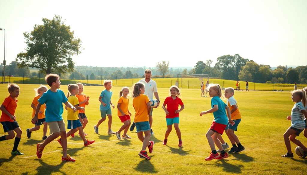 A lively sports field bathed in warm afternoon sunlight. In the foreground, a group of young athletes engaged in a playful game, their faces alight with joy and camaraderie. Colorful uniforms and sports equipment scatter the scene, conveying a sense of dynamic energy. The middle ground features a coach guiding the team, their gestures animated as they encourage the children's spirited efforts. In the background, a verdant landscape with trees and a distant horizon, creating a serene and inviting atmosphere. The lighting is soft and diffused, emphasizing the youthful exuberance and intrinsic motivation of the scene.