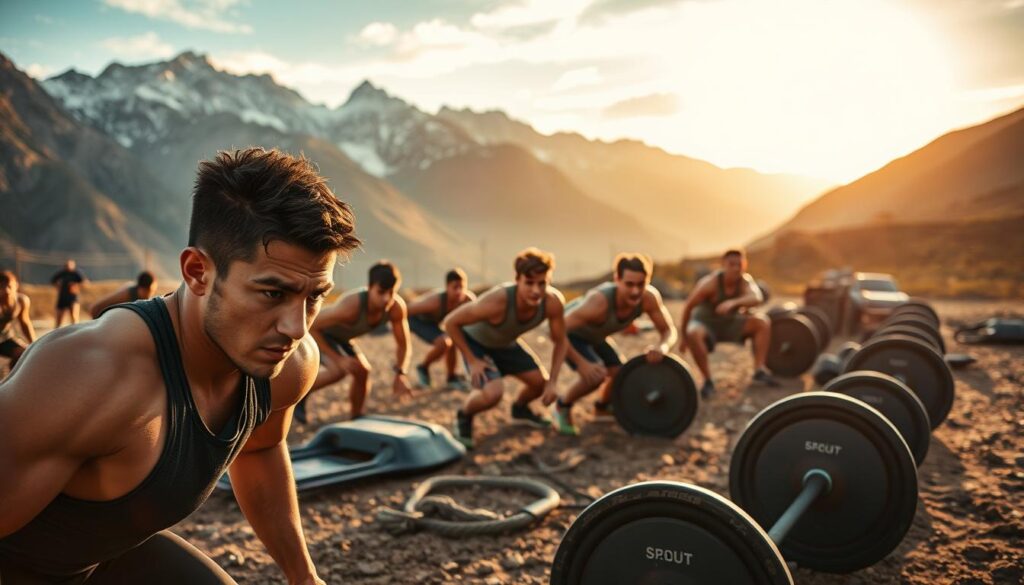 A rugged outdoor training ground, with athletes pushing through challenging exercises amidst a backdrop of towering mountains. The foreground features a group of determined young individuals, faces etched with focus, as they engage in intense resistance training, building physical and mental resilience. Midground showcases various training equipment, from weighted sleds to ropes, symbolizing the arduous journey of mastering one's limits. The background is illuminated by warm, golden sunlight, casting a sense of hope and triumph over adversity. The overall atmosphere evokes a spirit of perseverance, where the athletes' unwavering dedication is the foundation for cultivating mental toughness and overcoming obstacles. A rugged outdoor training ground, with athletes pushing through challenging exercises amidst a backdrop of towering mountains. The foreground features a group of determined young individuals, faces etched with focus, as they engage in intense resistance training, building physical and mental resilience. Midground showcases various training equipment, from weighted sleds to ropes, symbolizing the arduous journey of mastering one's limits. The background is illuminated by warm, golden sunlight, casting a sense of hope and triumph over adversity. The overall atmosphere evokes a spirit of perseverance, where the athletes' unwavering dedication is the foundation for cultivating mental toughness and overcoming obstacles.