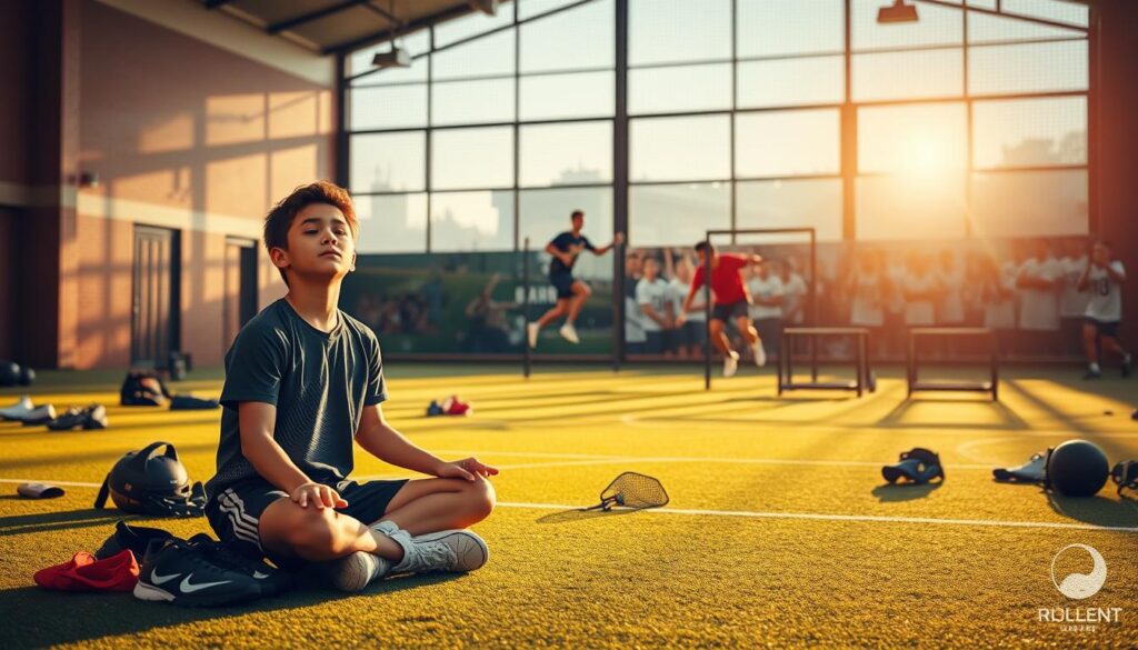A serene sports training facility, bathed in warm afternoon light. In the foreground, a young athlete sits in a meditative pose, their eyes closed, visualizing their performance. Around them, various sports equipment and gear lie scattered, symbolizing the tools of their trade. In the middle ground, another athlete navigates a challenging obstacle course, their determined expression reflecting the mental fortitude required. In the background, a montage of inspiring sports imagery - victorious moments, triumphant team celebrations - serves as a visual reminder of the rewards of perseverance. The overall atmosphere is one of focus, resilience, and the power of the mind to overcome physical adversity. A serene sports training facility, bathed in warm afternoon light. In the foreground, a young athlete sits in a meditative pose, their eyes closed, visualizing their performance. Around them, various sports equipment and gear lie scattered, symbolizing the tools of their trade. In the middle ground, another athlete navigates a challenging obstacle course, their determined expression reflecting the mental fortitude required. In the background, a montage of inspiring sports imagery - victorious moments, triumphant team celebrations - serves as a visual reminder of the rewards of perseverance. The overall atmosphere is one of focus, resilience, and the power of the mind to overcome physical adversity.