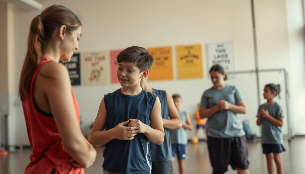 A serene, well-lit indoor setting with a group of children and their coach or parent, practicing strategies to handle sports pressure. In the foreground, a young athlete is receiving encouragement and guidance from a supportive adult, their expressions conveying trust and understanding. In the middle ground, other children are engaged in relaxation exercises or visualization techniques, guided by the coach's calm demeanor. The background showcases sports equipment and motivational posters, creating an atmosphere of positive reinforcement and skill-building. Soft lighting and a muted color palette evoke a sense of tranquility and focus, emphasizing the importance of mental resilience in athletic pursuits. A serene, well-lit indoor setting with a group of children and their coach or parent, practicing strategies to handle sports pressure. In the foreground, a young athlete is receiving encouragement and guidance from a supportive adult, their expressions conveying trust and understanding. In the middle ground, other children are engaged in relaxation exercises or visualization techniques, guided by the coach's calm demeanor. The background showcases sports equipment and motivational posters, creating an atmosphere of positive reinforcement and skill-building. Soft lighting and a muted color palette evoke a sense of tranquility and focus, emphasizing the importance of mental resilience in athletic pursuits.