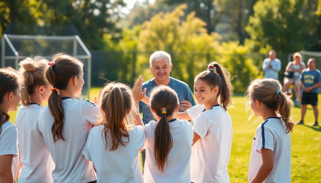 A serene youth sports team gathers on a lush, sun-dappled field, their faces alight with camaraderie and encouragement. In the foreground, young athletes support one another, high-fiving and offering congratulatory smiles. The midground captures a coach guiding the team, their body language radiating positivity and empowerment. In the background, parents and spectators observe with approving nods, their expressions reflecting the warm, inclusive atmosphere. The scene is bathed in soft, natural lighting, conveying a sense of harmony and community spirit. This image embodies the essence of a supportive, non-judgmental team culture, where youth athletes thrive through mutual respect and encouragement. A serene youth sports team gathers on a lush, sun-dappled field, their faces alight with camaraderie and encouragement. In the foreground, young athletes support one another, high-fiving and offering congratulatory smiles. The midground captures a coach guiding the team, their body language radiating positivity and empowerment. In the background, parents and spectators observe with approving nods, their expressions reflecting the warm, inclusive atmosphere. The scene is bathed in soft, natural lighting, conveying a sense of harmony and community spirit. This image embodies the essence of a supportive, non-judgmental team culture, where youth athletes thrive through mutual respect and encouragement.