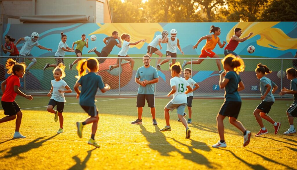A sports field bathed in warm, golden sunlight. In the foreground, a group of diverse young athletes engaged in dynamic training exercises, their movements captured with a shallow depth of field. In the middle ground, the coach stands observing, their face reflecting a calm, encouraging presence. In the background, a vibrant mural depicting inspirational sports imagery, adding an energetic, motivational atmosphere. The scene exudes a sense of growth, camaraderie, and the joy of active engagement, capturing the essence of a youth sports practice focused on developing a positive mindset. A sports field bathed in warm, golden sunlight. In the foreground, a group of diverse young athletes engaged in dynamic training exercises, their movements captured with a shallow depth of field. In the middle ground, the coach stands observing, their face reflecting a calm, encouraging presence. In the background, a vibrant mural depicting inspirational sports imagery, adding an energetic, motivational atmosphere. The scene exudes a sense of growth, camaraderie, and the joy of active engagement, capturing the essence of a youth sports practice focused on developing a positive mindset.