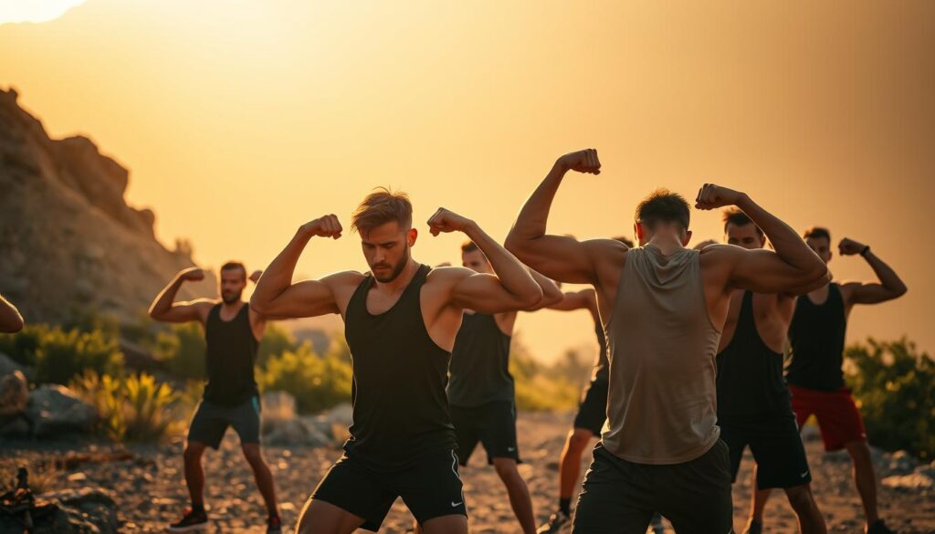 A striking scene of resilient athletes training amidst a serene landscape. In the foreground, a group of determined individuals engage in a variety of physical exercises, their muscles flexing with each movement. The middle ground features a rugged outdoor environment, with rocky terrain and lush greenery providing a natural backdrop. Warm, golden sunlight bathes the scene, casting a soft glow and highlighting the athletes' focus and dedication. The atmosphere conveys a sense of tranquility and inner strength, as the athletes push their limits and cultivate their mental resilience. A cinematic, 35mm lens captures the dynamic composition, framing the scene with a sense of depth and drama. A striking scene of resilient athletes training amidst a serene landscape. In the foreground, a group of determined individuals engage in a variety of physical exercises, their muscles flexing with each movement. The middle ground features a rugged outdoor environment, with rocky terrain and lush greenery providing a natural backdrop. Warm, golden sunlight bathes the scene, casting a soft glow and highlighting the athletes' focus and dedication. The atmosphere conveys a sense of tranquility and inner strength, as the athletes push their limits and cultivate their mental resilience. A cinematic, 35mm lens captures the dynamic composition, framing the scene with a sense of depth and drama.