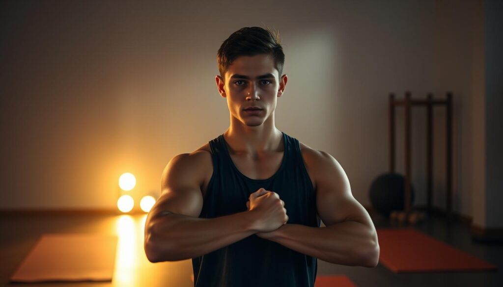 Athlete performing mental resilience exercises in a dimly lit, serene studio setting. A youthful, focused individual standing in a power pose, their expression resolute. Soft, warm lighting illuminates their face, casting dramatic shadows. The background is blurred, with subtle hints of yoga mats and exercise equipment, creating a sense of tranquility. The overall atmosphere evokes a meditative, introspective mood, emphasizing the mental discipline and concentration required for peak athletic performance. Athlete performing mental resilience exercises in a dimly lit, serene studio setting. A youthful, focused individual standing in a power pose, their expression resolute. Soft, warm lighting illuminates their face, casting dramatic shadows. The background is blurred, with subtle hints of yoga mats and exercise equipment, creating a sense of tranquility. The overall atmosphere evokes a meditative, introspective mood, emphasizing the mental discipline and concentration required for peak athletic performance.