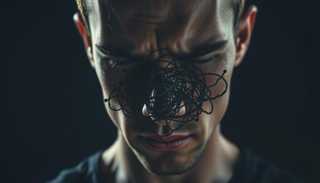 A close-up portrait of an athlete's face, brows furrowed and eyes downcast, conveying a sense of mental distress and inner turmoil. In the middle ground, a tangle of anxious thoughts manifested as abstract shapes and forms, creating a chaotic and overwhelming visual metaphor. In the background, a dimly lit, shadowy environment suggests a sense of isolation and the pressure of high-stakes competition. Soft, moody lighting casts dramatic shadows, heightening the emotional intensity. The overall atmosphere is one of introspection, vulnerability, and the inner mental battles that athletes often face.