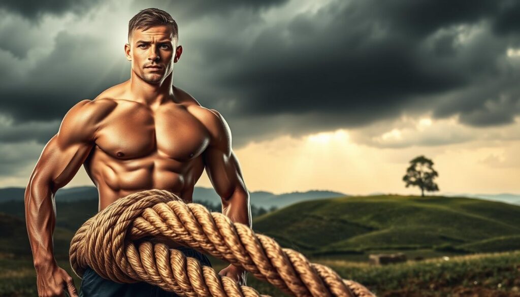 A determined athlete, muscles taut, stands tall against a stormy backdrop. Sunlight breaks through the clouds, casting a warm glow on their face, eyes fixed ahead with unwavering focus. In the foreground, a thick rope symbolizes the resilience and strength they've built over time, coiled and ready to be wielded. The middle ground features a landscape of rolling hills, representing the challenges they've overcome. In the distance, a lone tree stands tall, a metaphor for the unshakable mental fortitude they've cultivated. The scene conveys a sense of inner strength, perseverance, and the ability to weather any storm, perfectly encapsulating the concept of "mental resilience in athletes".