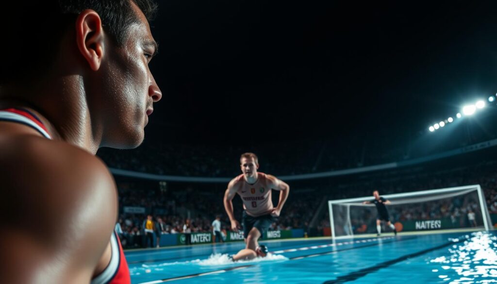 A high-stakes sports event, athletes performing under immense pressure. In the foreground, a basketball player taking a crucial free throw, sweat beading on their brow, the weight of the game resting on their shoulders. In the middle ground, a swimmer diving into the pool, their muscles taut with tension, the roar of the crowd pounding in their ears. In the background, a soccer player lining up for a penalty kick, the opposing goalkeeper looming large, the stadium electric with anticipation. Dramatic, moody lighting casts dramatic shadows, heightening the sense of intensity and drama. A wide-angle lens captures the scene, emphasizing the scale and grandeur of the moment, the athletes' isolation in the spotlight.
