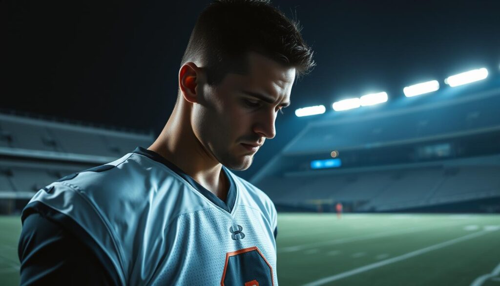 A professional athlete, brow furrowed, stands alone on an empty field, their body language conveying a sense of tension and stress. The lighting is dramatic, with shadows casting a moody, introspective atmosphere. In the background, the stadium looms, a symbol of the pressure and expectations they face. The camera angle is slightly low, emphasizing the athlete's isolation and the weight of their mental and emotional burdens. The overall scene evokes a palpable sense of the mental health challenges that can arise in the high-stakes world of professional sports.