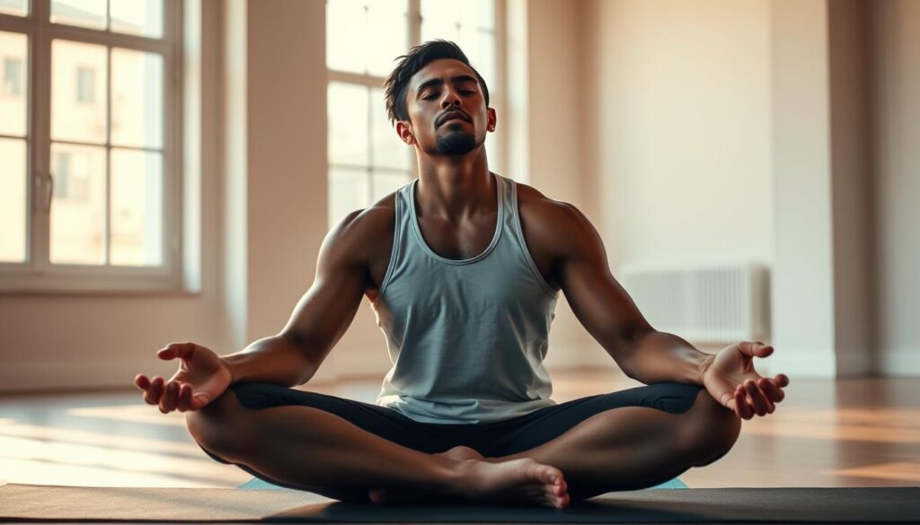 A professional athlete sitting cross-legged on a yoga mat, eyes closed, hands resting on knees, exuding a sense of calm and inner peace. The background is a serene, minimalist studio, flooded with warm, natural lighting from large windows. The athlete's expression conveys a deep, meditative focus, as they navigate the challenges of managing stress and maintaining mental well-being in the high-pressure world of sports. The overall atmosphere is one of tranquility, balance, and a thoughtful, intentional approach to self-care.