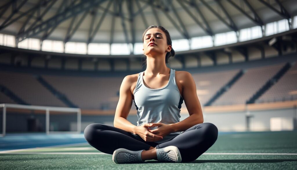A serene athlete sits cross-legged, eyes closed, practicing deep breathing techniques to manage sports anxiety. Soft natural lighting illuminates their focused expression, as they find stillness amidst the blurred background of a sports arena. The scene conveys a sense of inner calm and resilience, highlighting strategies for coping with the pressure and self-doubt that can arise in competitive settings. The image aims to visually represent the process of "Spotting Your Inner Critic" and the importance of mindfulness-based techniques in overcoming negative self-talk.