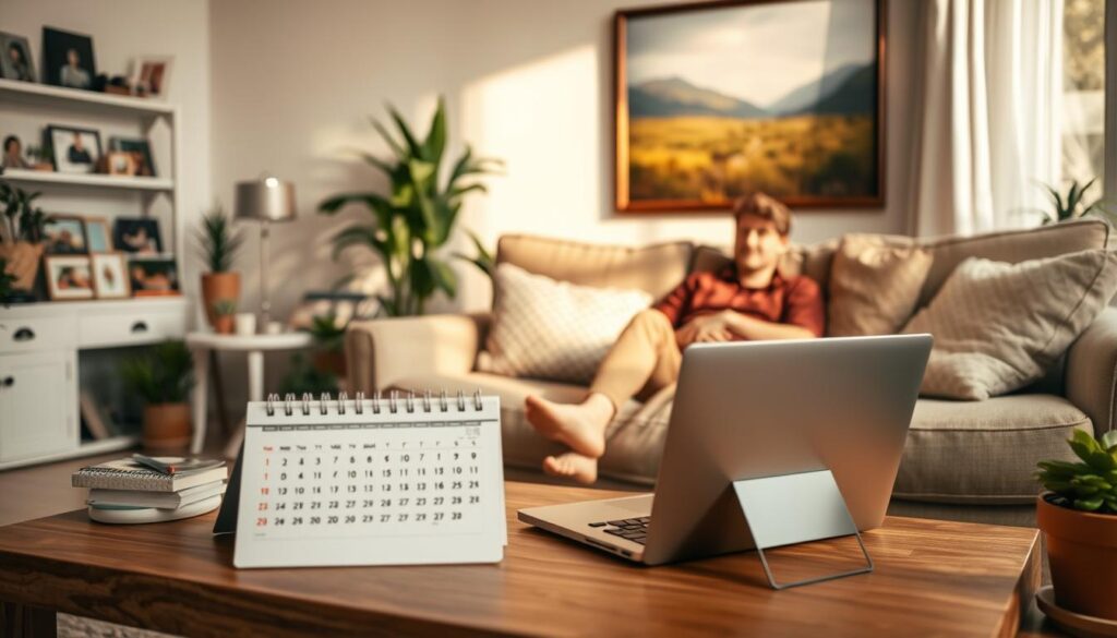 A cozy living room scene, with a person sitting on a comfortable sofa, surrounded by family photos, potted plants, and warm lighting. In the foreground, a laptop and a calendar are placed on a wooden coffee table, symbolizing the balance between work, family, and social life. The middle ground features a framed painting on the wall, depicting a serene natural landscape, hinting at the importance of finding time for personal pursuits. The background showcases a large window, letting in soft natural light and providing a sense of openness and connection to the outside world. The overall atmosphere is one of tranquility, harmony, and a mindful approach to managing various aspects of life.