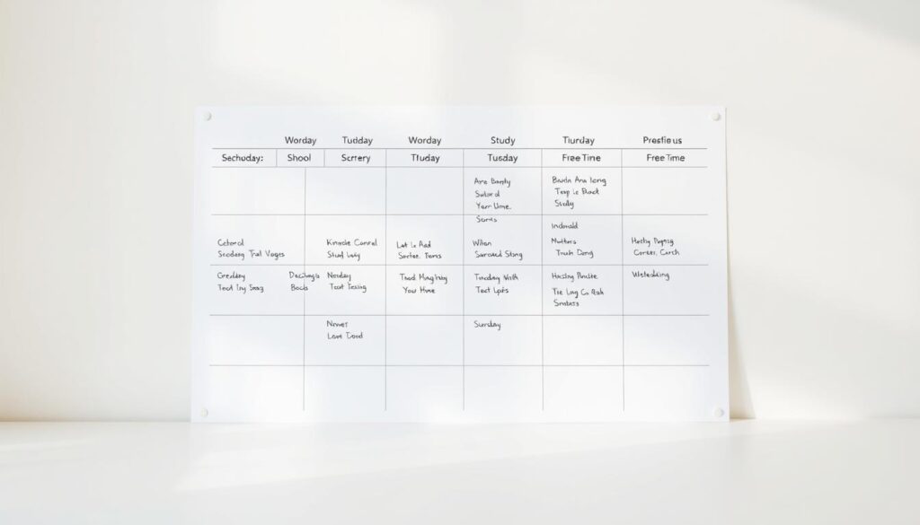 A neatly organized weekly schedule, with each day's activities elegantly divided into categories such as "School", "Sports", "Study", and "Free Time". The schedule is presented against a clean, minimalist background, with a soft, natural lighting that creates a sense of calm and focus. The layout is designed to be visually appealing and easy to read, with clear delineations between the different sections. The overall impression is one of a well-structured and balanced approach to managing one's time, reflecting the subject matter of the article.