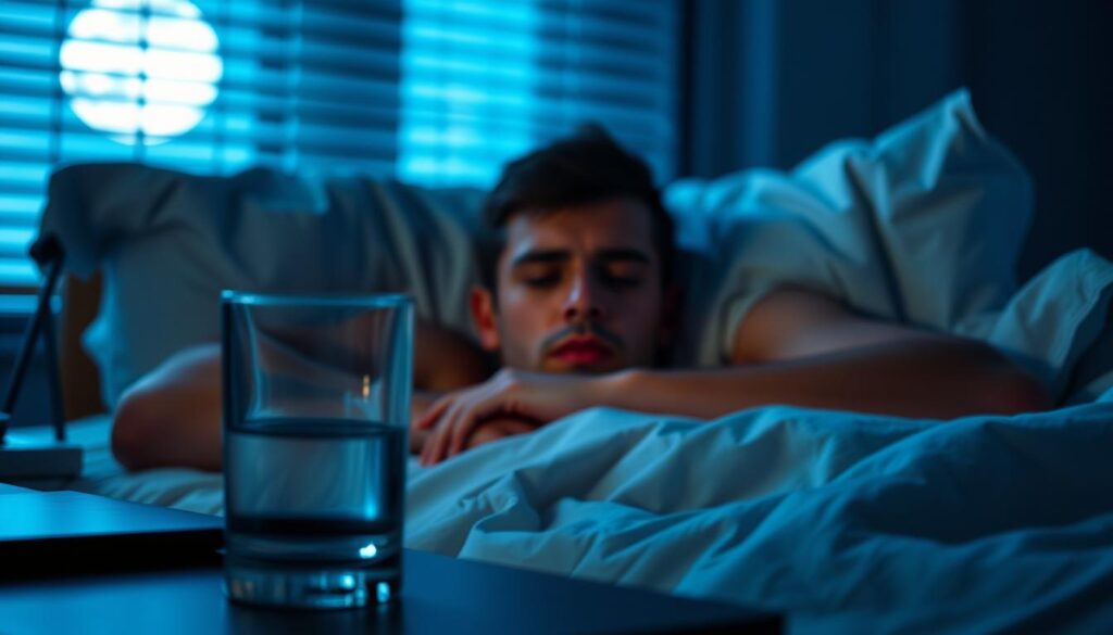 A restless athlete lies in bed, tossing and turning, haunted by the elusive grip of sleep. Moonlight filters through the blinds, casting a somber, bluish hue across the room. In the foreground, a bedside table holds a half-empty glass of water, a testament to the athlete's fruitless attempts to find relief. The middle ground reveals the athlete's strained expression, brow furrowed, eyes wide and alert, as they grapple with the weight of insomnia. The background is softly blurred, conveying a sense of isolation and the athlete's singular focus on overcoming this debilitating condition. The scene is captured with a shallow depth of field, emphasizing the intimate, personal struggle of the athlete's sleepless night.