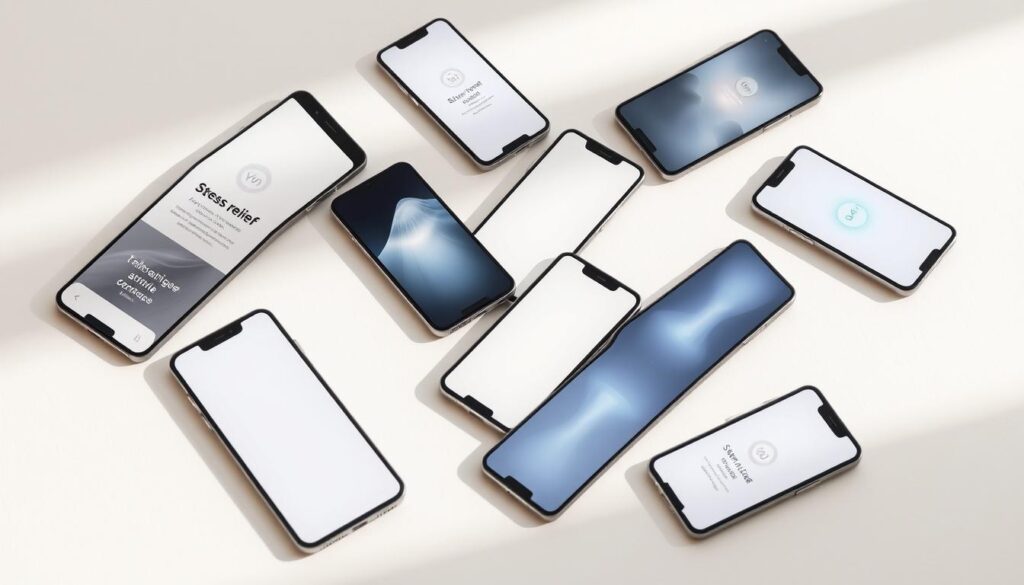 A serene and minimalist composition featuring a selection of modern, sleekly-designed stress relief apps displayed on various mobile devices. The devices are arranged in an artfully scattered pattern against a soft, muted background, perhaps a subtle gradient or textured surface that evokes a sense of calm. Lighting is soft and diffused, casting gentle shadows that add depth and dimension to the scene. The overall mood is one of tranquility and focus, hinting at the functionality and benefits of the apps showcased. The arrangement and styling of the devices creates a harmonious, visually pleasing aesthetic that aligns with the subject of mindfulness and stress reduction. A serene and minimalist composition featuring a selection of modern, sleekly-designed stress relief apps displayed on various mobile devices. The devices are arranged in an artfully scattered pattern against a soft, muted background, perhaps a subtle gradient or textured surface that evokes a sense of calm. Lighting is soft and diffused, casting gentle shadows that add depth and dimension to the scene. The overall mood is one of tranquility and focus, hinting at the functionality and benefits of the apps showcased. The arrangement and styling of the devices creates a harmonious, visually pleasing aesthetic that aligns with the subject of mindfulness and stress reduction.