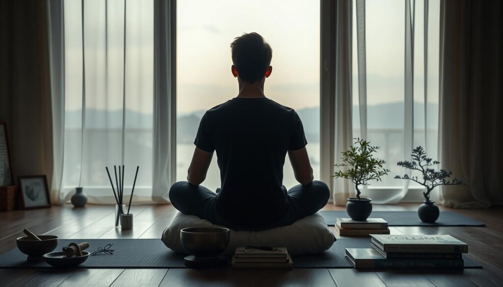 A serene, dimly lit room with soft natural lighting filtering through sheer curtains. In the foreground, a person sitting cross-legged on a plush meditation cushion, their eyes closed in deep concentration. Surrounding them, an assortment of mindfulness tools - a singing bowl, incense sticks, and a small bonsai tree. In the middle ground, a yoga mat and a few books on meditation and stress management techniques. The background features a tranquil, muted landscape, perhaps a distant mountain range or a calming seascape, creating a sense of peaceful escapism. The overall atmosphere is one of tranquility, focus, and a holistic approach to managing competitive stress.
