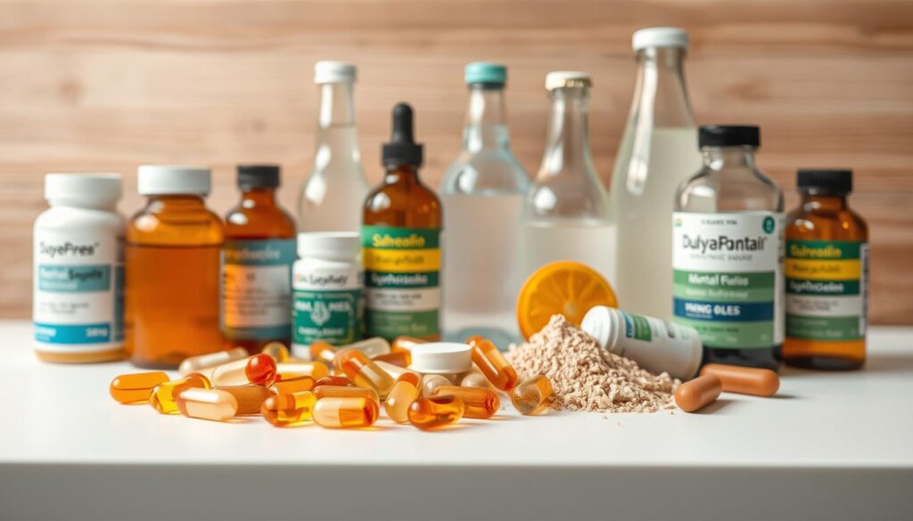 A still life arrangement showcasing a variety of mental health supplements set against a backdrop of hydrating beverages. In the foreground, an array of softgel capsules, tinctures, and powdered supplements are neatly arranged on a white surface, with droplets of water or condensation adding a sense of freshness. The middle ground features a selection of glass bottles filled with clear liquids, evoking the idea of replenishing fluids. The background is a soft, natural setting, perhaps a wooden surface or a clean, minimalist studio environment, allowing the supplements and hydration items to take center stage. The lighting is gentle, creating a sense of calmness and wellness. The overall composition emphasizes the importance of mental health support through a combination of targeted supplements and proper hydration.