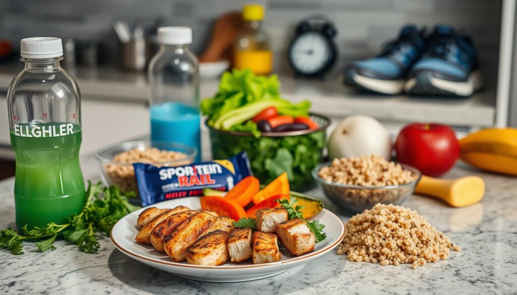 A well-lit kitchen counter, with a variety of fresh, healthy ingredients laid out in an organized, appetizing arrangement. In the foreground, a plate showcases a balanced meal of grilled chicken, roasted vegetables, and a hearty side of quinoa. Beside it, a sports drink and a protein bar represent the pre-competition fuel. In the background, a runner's sneakers and a stopwatch suggest the timing and importance of this athlete's nutrition routine. The overall mood is one of focused preparation, with a sense of energy and determination.