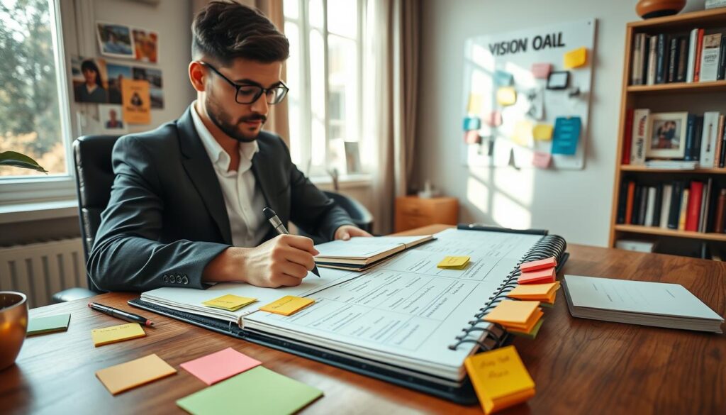 A serene workspace scene where a focused individual in professional attire sits at a wooden desk, meticulously writing out a series of goals on a large notepad. The foreground features colorful sticky notes and a planner, each marked with specific, actionable tasks. In the middle ground, a vision board filled with inspiring images and motivational phrases hangs on the wall. Soft, diffused natural light pours in through a nearby window, casting gentle shadows and creating a calm atmosphere. The background showcases a cozy bookshelf filled with self-help books. The overall mood is engaging and productive, emphasizing clarity and determination in breaking down big goals into manageable steps. A serene workspace scene where a focused individual in professional attire sits at a wooden desk, meticulously writing out a series of goals on a large notepad. The foreground features colorful sticky notes and a planner, each marked with specific, actionable tasks. In the middle ground, a vision board filled with inspiring images and motivational phrases hangs on the wall. Soft, diffused natural light pours in through a nearby window, casting gentle shadows and creating a calm atmosphere. The background showcases a cozy bookshelf filled with self-help books. The overall mood is engaging and productive, emphasizing clarity and determination in breaking down big goals into manageable steps.