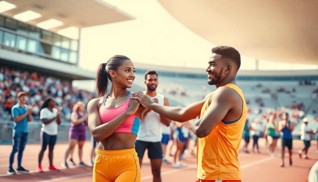 A vibrant scene of two athlete teammates providing support and encouragement on the track. In the foreground, focus on one athlete, a woman in a bright, modest athletic outfit, placing her hand on the shoulder of her male teammate, who wears a matching uniform. Their expressions convey motivation and trust as they share a moment of connection before a race. In the middle ground, a diverse group of other athletes gathers, clapping and cheering, showcasing camaraderie. The background features a blurred stadium filled with supportive spectators under a bright, sunny sky, creating an uplifting atmosphere. Use soft, natural lighting to highlight their expressions, with a slight focus depth to emphasize the connection between the teammates. The angle captures the intensity and warmth of the moment, reflecting the importance of a trusted support network in sports. A vibrant scene of two athlete teammates providing support and encouragement on the track. In the foreground, focus on one athlete, a woman in a bright, modest athletic outfit, placing her hand on the shoulder of her male teammate, who wears a matching uniform. Their expressions convey motivation and trust as they share a moment of connection before a race. In the middle ground, a diverse group of other athletes gathers, clapping and cheering, showcasing camaraderie. The background features a blurred stadium filled with supportive spectators under a bright, sunny sky, creating an uplifting atmosphere. Use soft, natural lighting to highlight their expressions, with a slight focus depth to emphasize the connection between the teammates. The angle captures the intensity and warmth of the moment, reflecting the importance of a trusted support network in sports.