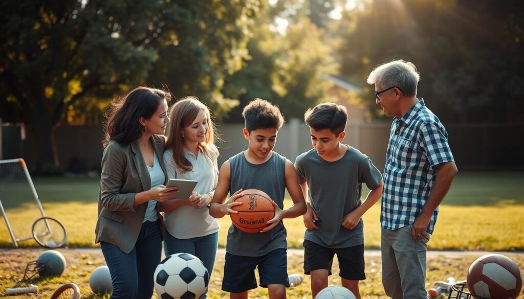 A warm and inviting family scene centered on a supportive athletic environment. In the foreground, a diverse family of four, including a mother and father in casual yet professional attire, are attentively discussing strategies with their teenage child, a budding athlete, who is holding a sports ball. The middle ground features a backyard or park setting, with sports equipment scattered around, symbolizing teamwork and support. In the background, soft sunlight filters through trees, creating a bright and optimistic atmosphere. The composition captures the essence of communication and encouragement among family members, emphasizing their role in the athlete's success. The mood is uplifting and heartwarming, illustrating the importance of familial support in sports. Use a naturalistic lens to convey authenticity and warmth. A warm and inviting family scene centered on a supportive athletic environment. In the foreground, a diverse family of four, including a mother and father in casual yet professional attire, are attentively discussing strategies with their teenage child, a budding athlete, who is holding a sports ball. The middle ground features a backyard or park setting, with sports equipment scattered around, symbolizing teamwork and support. In the background, soft sunlight filters through trees, creating a bright and optimistic atmosphere. The composition captures the essence of communication and encouragement among family members, emphasizing their role in the athlete's success. The mood is uplifting and heartwarming, illustrating the importance of familial support in sports. Use a naturalistic lens to convey authenticity and warmth.