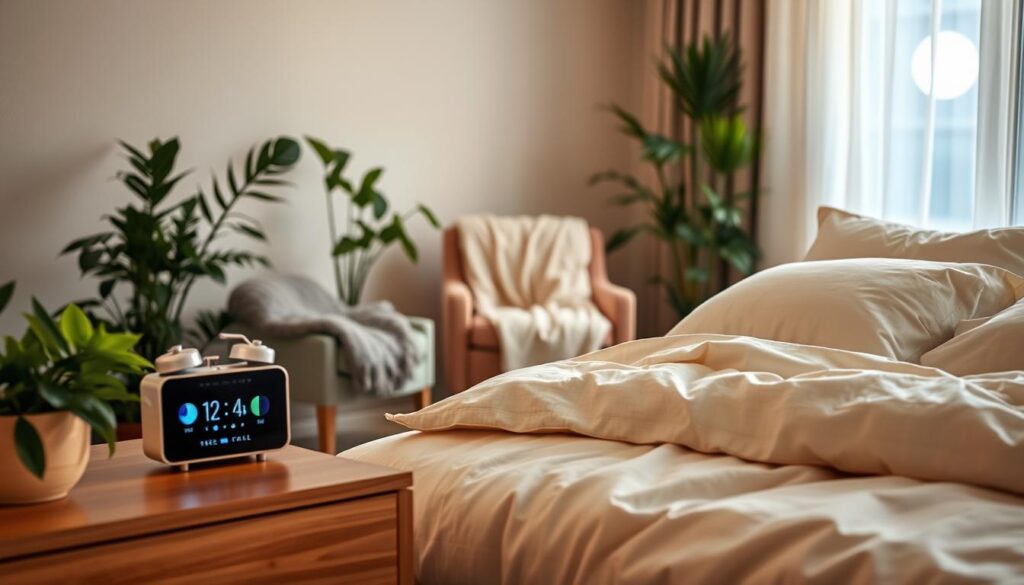 A serene bedroom environment focused on sleep optimization, featuring a comfortable, well-made bed with soft, inviting pillows and blankets. In the foreground, a bedside table holds an alarm clock displaying the sleep cycle phases in a calming blue light. The middle ground showcases a cozy armchair with a plush throw blanket, surrounded by lush plants promoting tranquility. In the background, a window reveals soft moonlight filtering through sheer curtains, enhancing the peaceful atmosphere. Use warm, soft lighting to create a relaxing mood, with a shallow depth of field to focus on the bed and bedside table. Capture this scene from a slightly elevated angle to convey spaciousness and serenity, emphasizing the importance of a restful sleep environment for recovery.