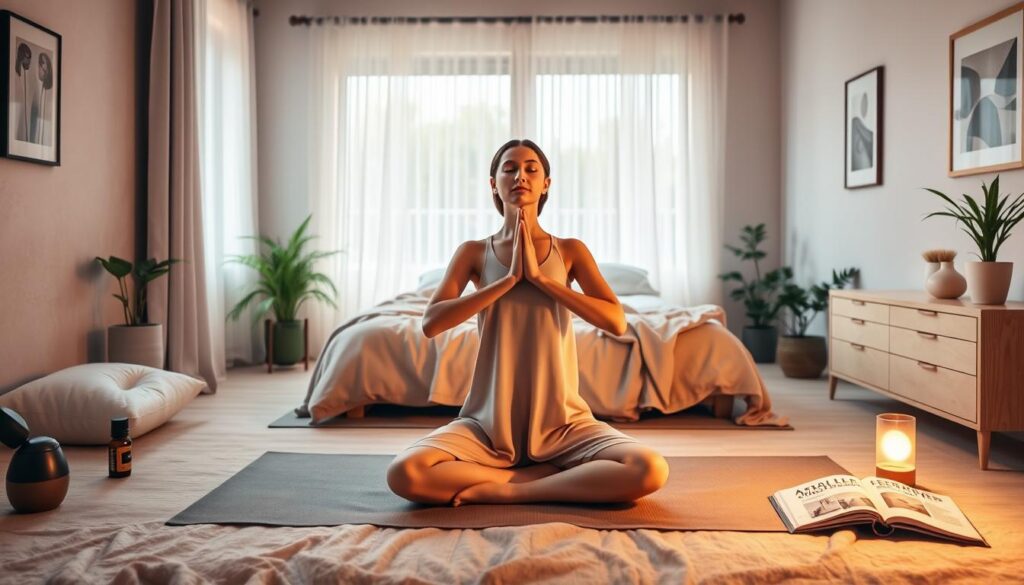 A serene bedroom scene designed to illustrate techniques for optimizing sleep. In the foreground, a relaxed figure in comfortable, modest sleepwear is practicing deep breathing on a yoga mat, surrounded by essential oil diffusers and soft pillows. The middle ground features a cozy bed draped in soft, calming colors, with a sleep mask and a book on sleep strategies placed on the bedside table. The background reveals a softly lit window with sheer curtains, casting gentle, warm light across the room. Add potted plants and calming artwork on the walls to enhance the tranquil atmosphere. The overall mood is peaceful and inviting, encouraging relaxation and restful sleep. Use a wide-angle lens to capture the depth of the room, with soft focus on the background elements.