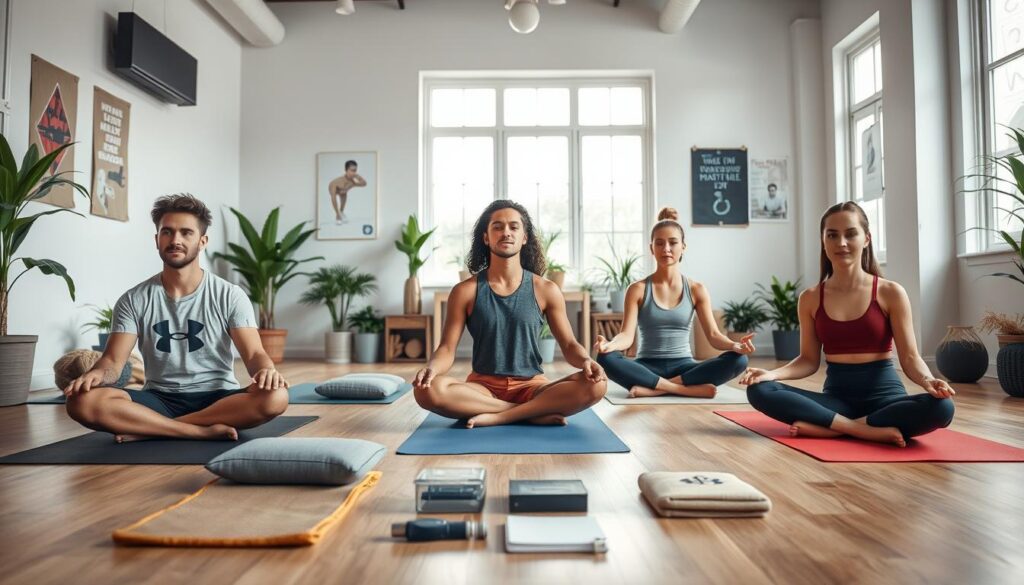 A serene indoor environment tailored for athletes engaging in focus enhancement exercises. In the foreground, a diverse group of three athletes—one male and two females—are seated in a cross-legged position on yoga mats, their expressions reflecting concentration and inner peace. The middle ground features various mindfulness tools like meditation cushions, a timer, and a journal, emphasizing the practice of mindfulness. Soft, natural lighting filters through large windows in the background, illuminating a calming space adorned with indoor plants and motivational posters. The lens captures a slightly elevated angle, showcasing the athletes' commitment to their training. The mood is tranquil and focused, emphasizing the connection between mindfulness and athletic performance.