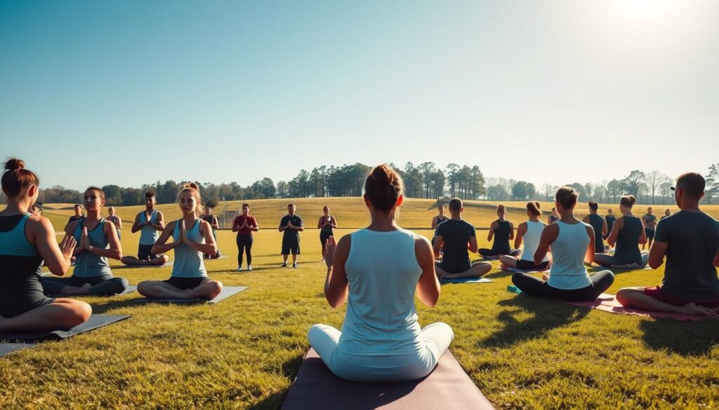A serene scene depicting mindfulness exercises in a sports environment. In the foreground, a diverse group of athletes in professional sports attire is engaged in various mindfulness practices, such as yoga, meditation, and deep-breathing exercises. In the middle ground, a tranquil grassy field under a clear blue sky enhances the sense of calm. Soft sunshine casts gentle light, creating a warm and inviting atmosphere. The background features distant trees and a zen garden, emphasizing nature’s tranquility. The image captures a sense of focus and peace among athletes, highlighting the essence of mindfulness in enhancing athletic performance. Use a wide-angle lens to create depth, ensuring a harmonious composition that inspires relaxation and concentration.