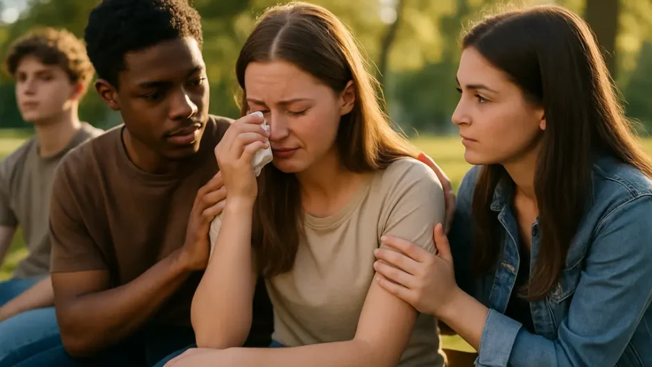 Adolescent suicidal thoughts data reviewed by a parent and counselor at a table