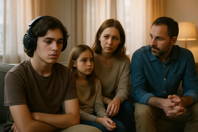 Family seated in a waiting room with a notebook