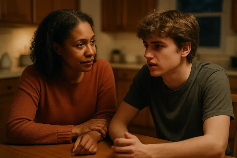 Trusted adult sitting beside a teenager during a calm conversation