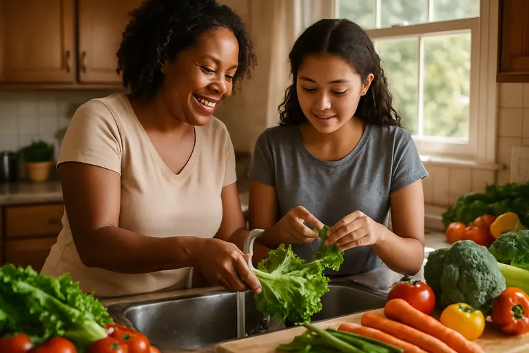 Clean cutting board, washed hands, and fresh produce prepared in a home kitchen