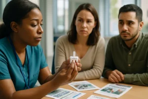 Narcan access kit on a community health table with educational materials